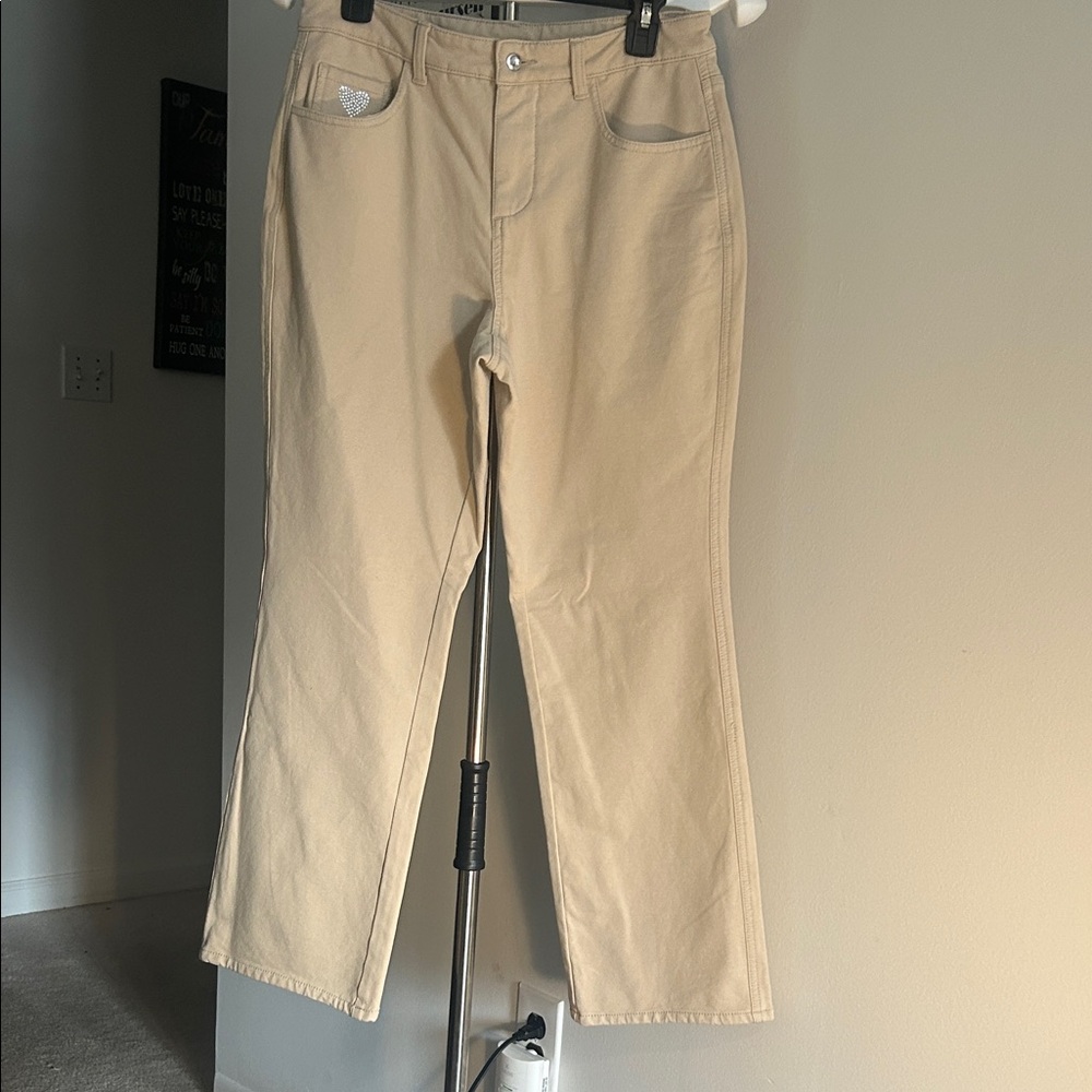 Beige Straight-Leg Pants